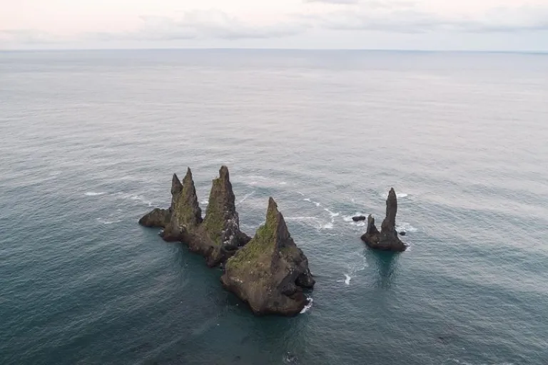 Reynisdrangar sea stacks, aerial view