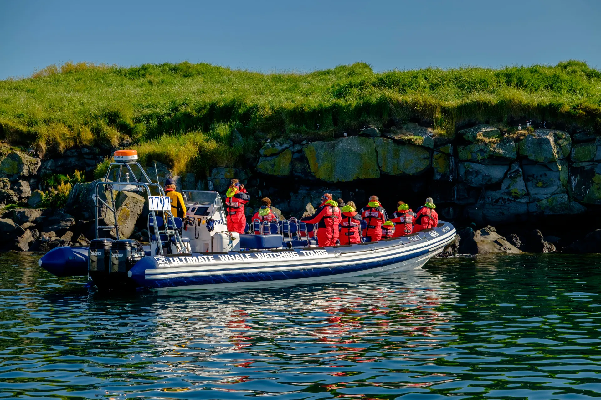 Our RIB boat up-close to one of the Puffin Islands