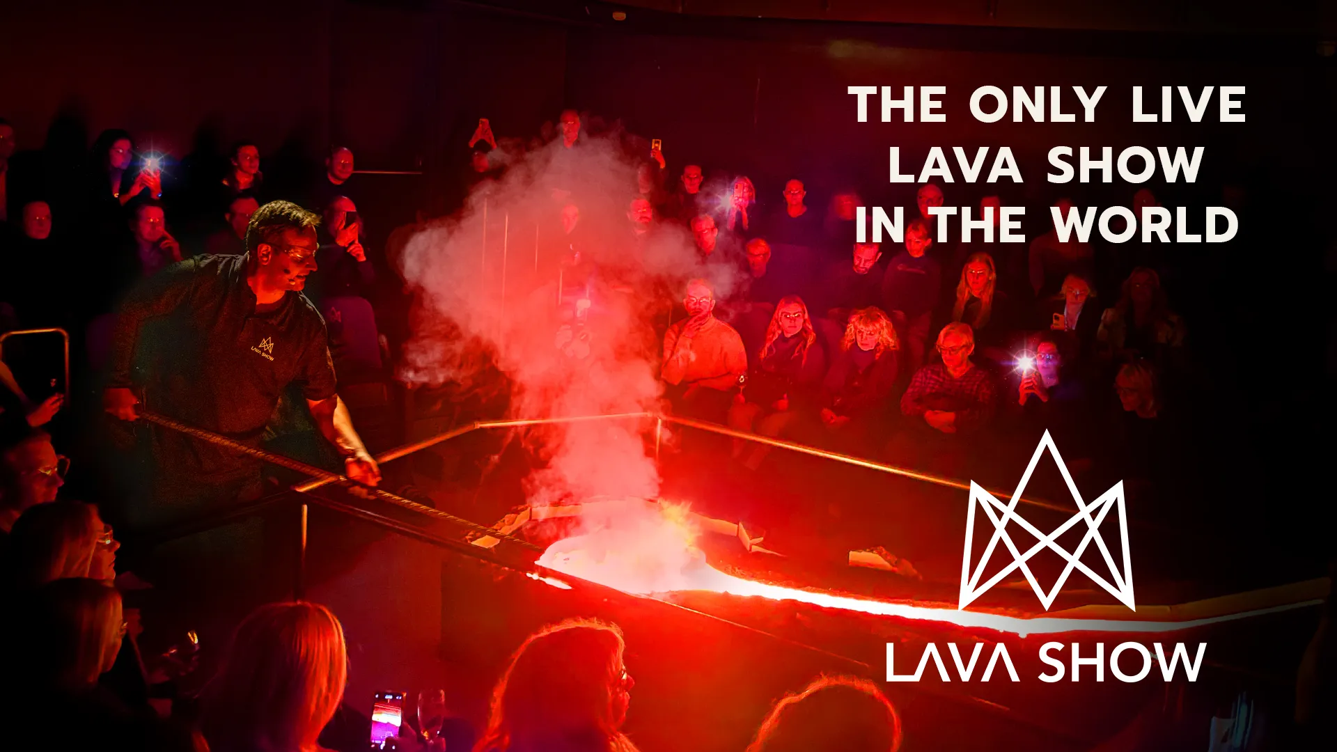 The Lava Show, the only live lava show in the world. A guide is shown prodding real molten lava in front of an audience